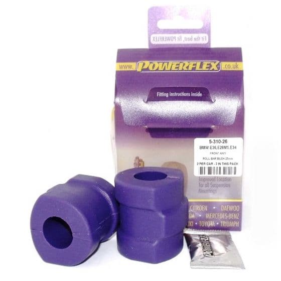 Purple polyurethane anti-roll bar bushes, designed for 26mm bars, packaged with fitting instructions, featuring a sturdy construction for enhanced suspension performance.