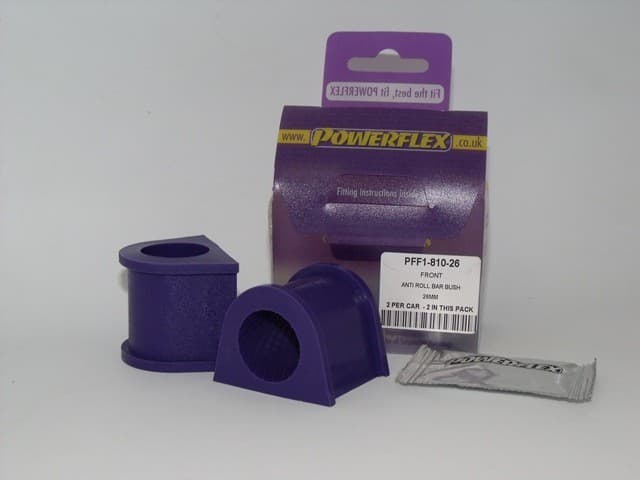 Purple polyurethane front anti-roll bar bushes, two pieces, displayed with packaging labeled "Powerflex" and installation instructions, featuring a 26mm size designation.