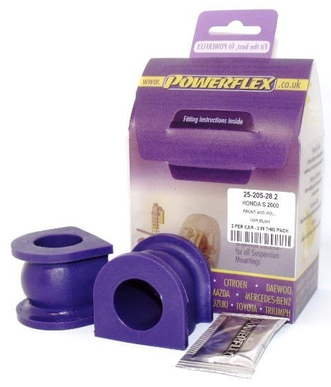 Purple polyurethane front anti-roll bar bushes, designed for 28.2mm diameter, displayed in packaging with fitting instructions, featuring a clear label and two bush pieces.