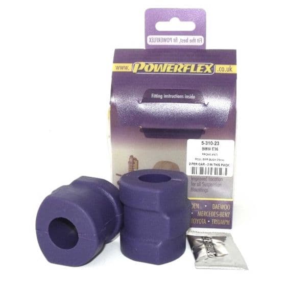 Purple polyurethane anti-roll bar bushes in a pack of two, designed for 28mm bars, with fitting instructions included in a branded Powerflex packaging.