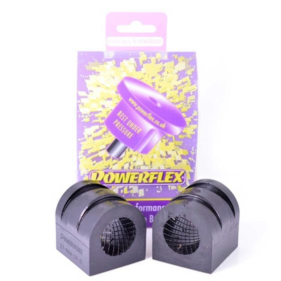 Black polyurethane front anti-roll bar bushes, featuring a textured surface and a hollow center, packaged with a colorful purple and yellow backing card.
