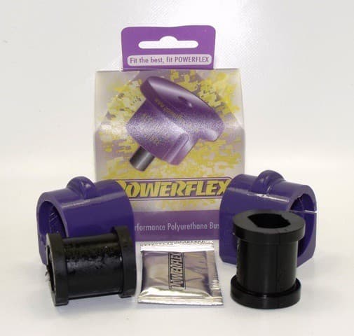 Purple and black polyurethane anti-roll bar bushes in a pack of two, featuring a sleek design and a small packet of grease, displayed in front of a vibrant Powerflex branded background.