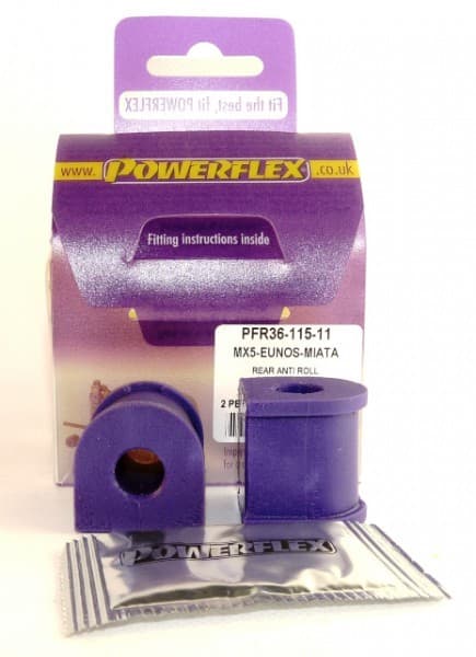 Purple polyurethane rear anti-roll bar bushes, 11mm, packaged in a clear plastic bag with a purple cardboard backing, labeled with fitting instructions and product details.