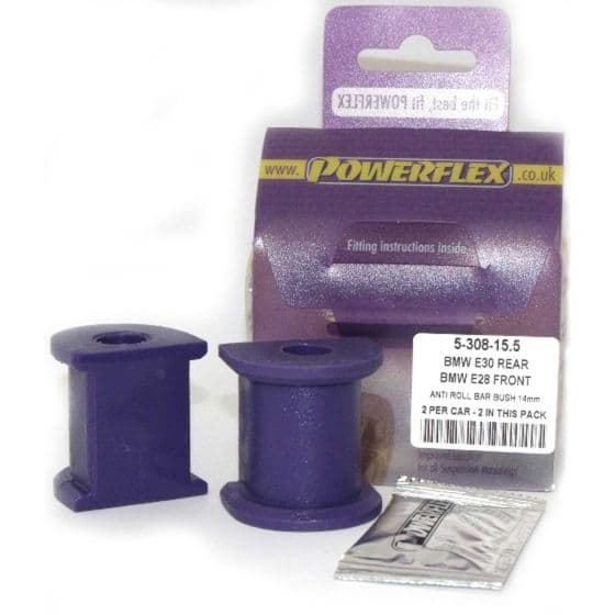 Purple polyurethane rear anti-roll bar bushes, 15.5mm, packaged in a clear plastic bag with a purple backing, featuring a label with product details and fitting instructions.