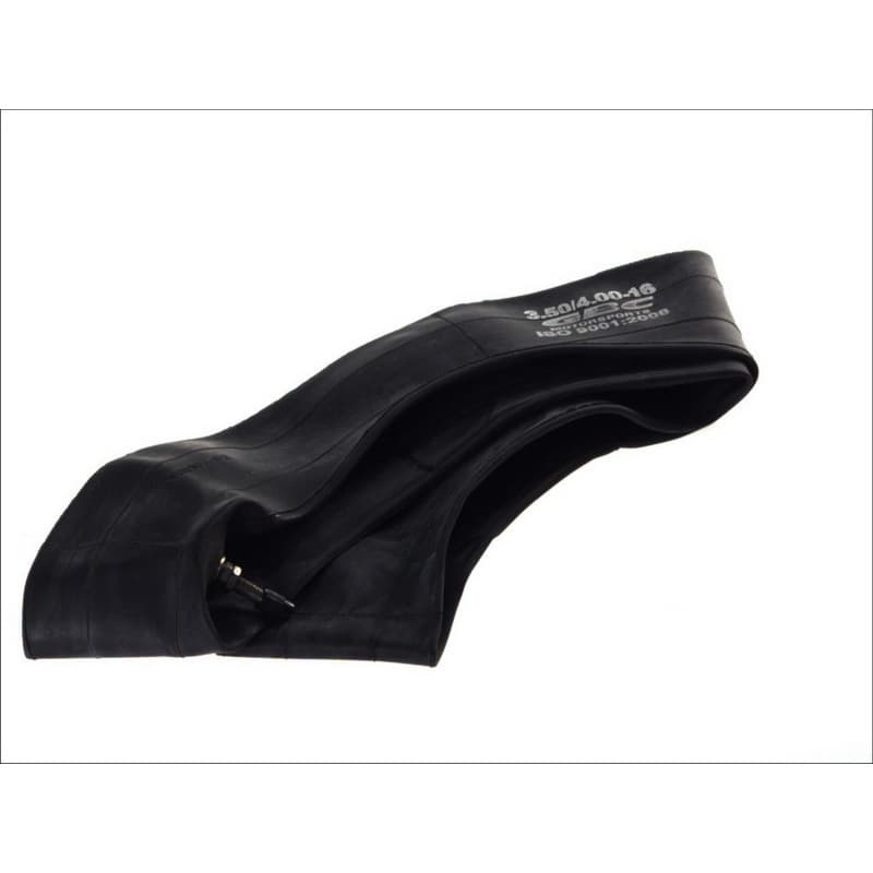 Black heavy-duty butyl inner tube marked "350/400-16," featuring a valve stem, designed for durability and performance in various tire applications.