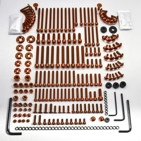 200-piece assortment of orange alloy bolts, nuts, washers, and tools, neatly organized in a box, showcasing various sizes and shapes for versatile applications.