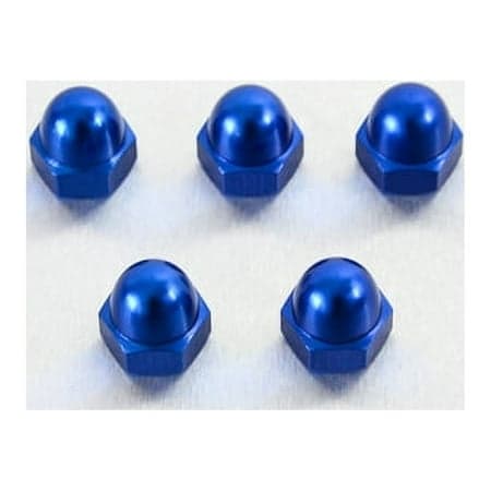 Five blue alloy dome nuts, hexagonal base, M10 x 1.25mm size, featuring a shiny finish, designed for durability and aesthetic appeal.