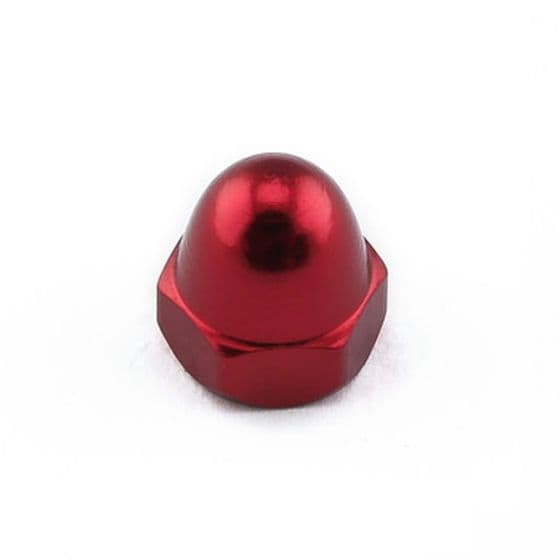Red alloy dome nut with a shiny finish, featuring a hexagonal base, designed for M10 x 1.25mm applications, sold in a pack of five by Pro-Bolt.