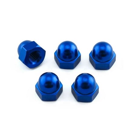 Five blue alloy dome nuts in a pack, featuring a shiny finish, hexagonal shape, and internal threading, designed for M10 x 1.50mm applications.