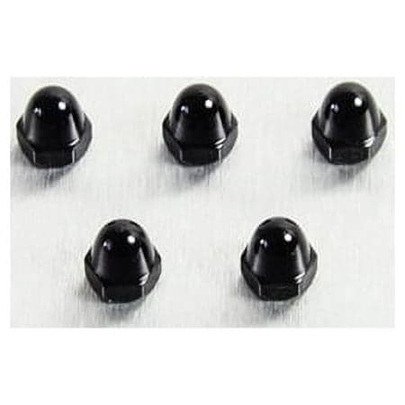 Five black alloy dome nuts, each with a smooth, rounded top and hexagonal base, sized M4 x 0.70mm, arranged closely together on a light background.