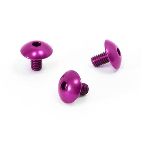 Purple anodized aluminum exhaust heat shield mount bolts with a rounded head and hex socket drive, showcasing a sleek and durable design.