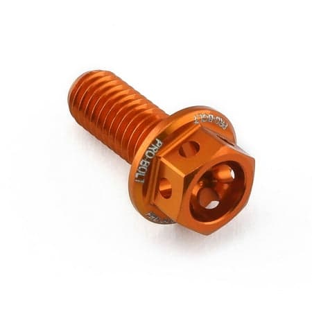 Aluminium front suspension housing bolt in vibrant orange, featuring a hexagonal head with three holes, designed for durability and lightweight performance.