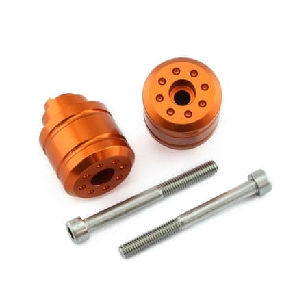 Pro-Bolt Aluminium motorcycle bar ends in vibrant orange, featuring a sleek design with a smooth finish, accompanied by stainless steel bolts for secure installation.