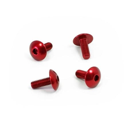 Pro-Bolt Aluminium Number Plate Mounting Bolt Kit in vibrant red, featuring four glossy, rounded-head bolts with hexagonal sockets for secure installation.