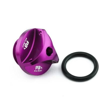 Purple aluminum oil filler cap with a sleek design, featuring the Pro-Bolt logo and a rubber O-ring for a secure fit.
