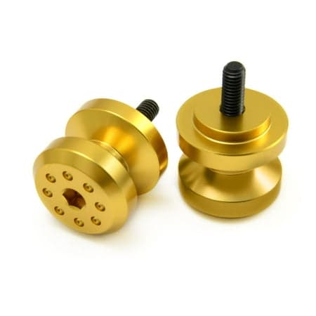 Gold aluminium paddock stand bobbins with a 6mm thread, featuring a smooth finish and multiple holes for secure attachment.