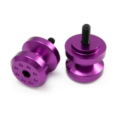 Purple aluminium paddock stand bobbins with a 6mm thread, featuring a sleek design and a central hexagonal socket for easy installation.