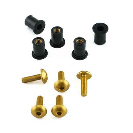 Pro-Bolt Aluminium Screen Bolt Kits in gold, featuring five gold screws and black spacers, designed for secure fastening with a sleek finish.