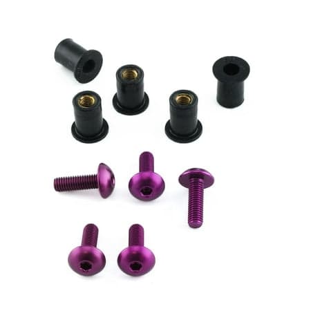 Pro-Bolt Aluminium Screen Bolt Kits in purple, featuring five purple bolts and black spacers, designed for durability and a stylish finish.
