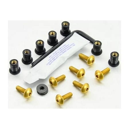 Pro-Bolt Aluminium Screen Bolt Kits in gold, featuring seven gold bolts, black spacers, an Allen key, and a small tube of adhesive, all neatly arranged.