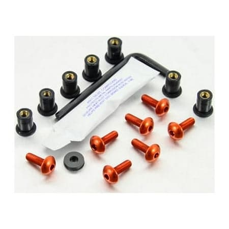 Pro-Bolt Aluminium Screen Bolt Kits in orange, featuring seven orange bolts, black spacers, a hex key, and a small tube of adhesive, all neatly arranged.
