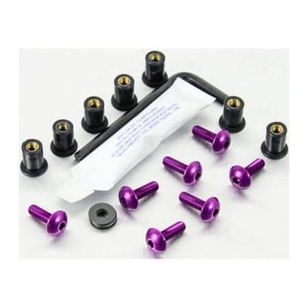 Pro-Bolt Aluminium Screen Bolt Kits in purple, featuring seven bolts, black spacers, an Allen key, and a tube of adhesive, all arranged neatly.