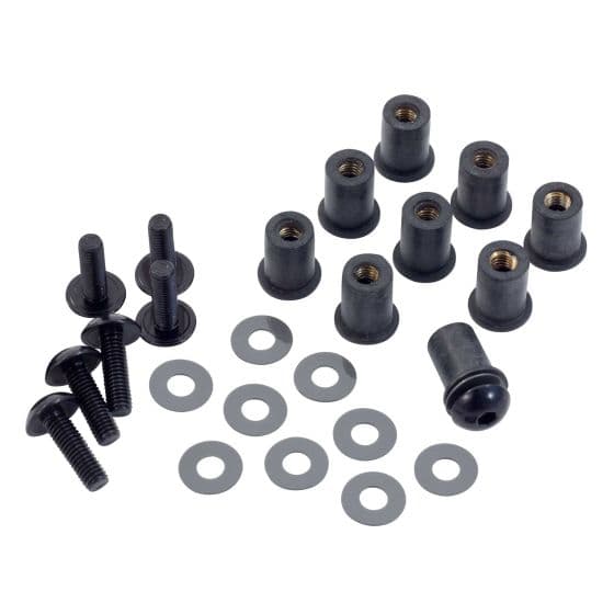 Pro-Bolt Aluminium Screen Bolt Kits in silver, featuring seven bolts, washers, and rubber spacers, designed for durability and ease of installation.