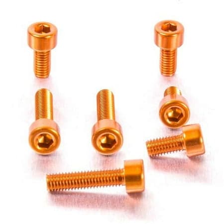 Pro-Bolt Aluminium Yamaha Fuel Cap Kit featuring six orange anodized screws with hex heads, designed for durability and a stylish finish for Yamaha motorcycles.