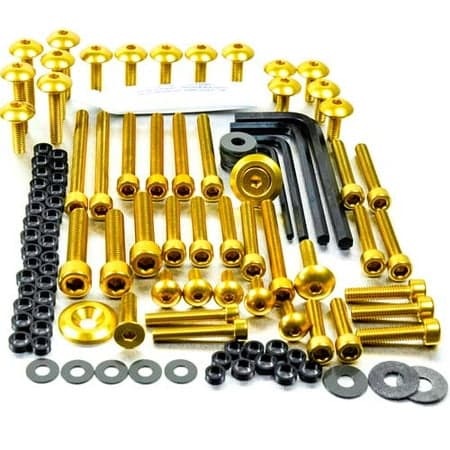 Assorted 50-piece workshop tub featuring gold alloy bolts, mixed head styles, black washers, and hex keys, all organized neatly for easy access.