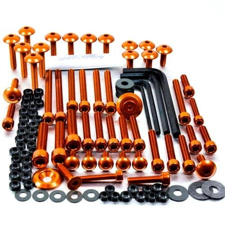 Assorted 50-piece set of orange alloy workshop bolts, featuring mixed head styles, along with various washers and black hex keys, all neatly arranged in a tub.