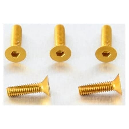 Five gold countersunk alloy bolts, M4 size, featuring a hexagonal socket head and smooth shank, arranged in two rows on a light background.