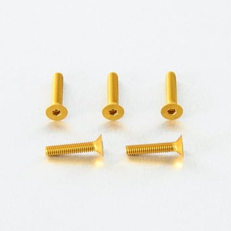 Five gold countersunk alloy bolts, M4 x 0.70mm x 17.0mm, featuring a hexagonal socket head and smooth finish, arranged in two rows on a white background.