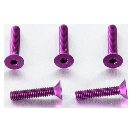 Purple countersunk alloy bolts in a pack of five, measuring M4 x 0.70mm x 17.0mm, featuring a hexagonal socket head for easy installation.