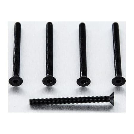 Five black countersunk alloy bolts, M4 size, measuring 42mm in length, featuring a hexagonal socket head and fine threading for secure fastening.
