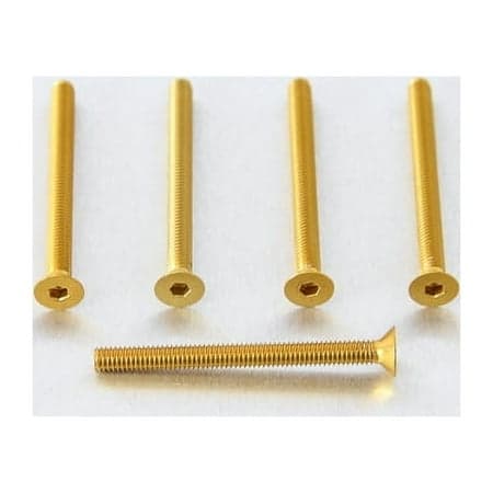 Five gold countersunk alloy bolts, M4 size, measuring 42.0mm in length, featuring a hexagonal socket head and fine threading, arranged on a light background.
