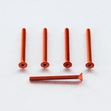 Five orange countersunk alloy bolts, M4 x 0.70mm x 42.0mm, featuring a smooth finish and hex socket head, arranged with one bolt in the center and four upright.