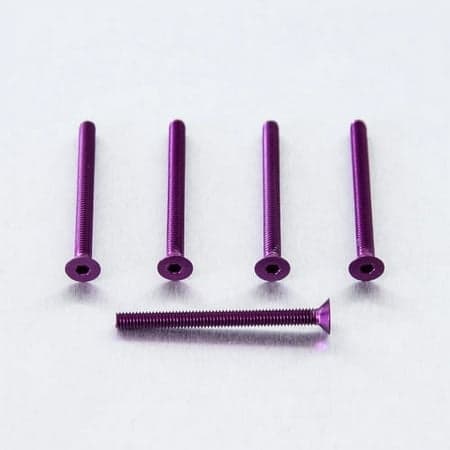 Five purple countersunk alloy bolts, each measuring M4 x 0.70mm x 42.0mm, displayed with one bolt positioned horizontally among the others.