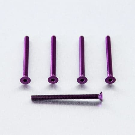 Five purple countersunk alloy bolts, each measuring M4 x 0.70mm x 47.0mm, arranged with one bolt lying horizontally and the others standing vertically.