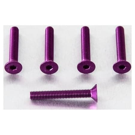 Five purple countersunk alloy bolts, each measuring M5 x 0.80mm x 31.0mm, featuring a hexagonal socket and a smooth finish, arranged on a reflective surface.
