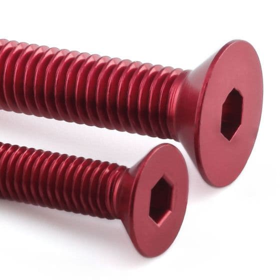 Red countersunk alloy bolts in a pack of five, featuring M5 x 0.80mm thread and 31.0mm length, showcasing a smooth finish and hexagonal heads.