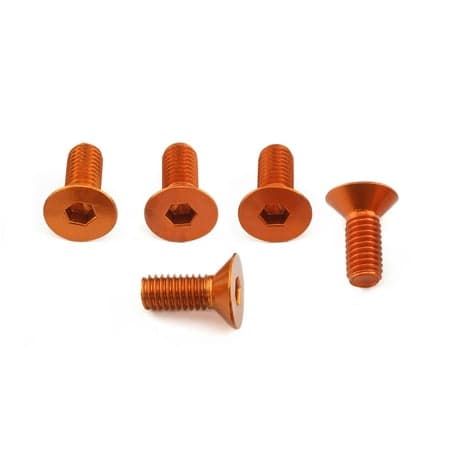Five orange countersunk alloy bolts, each measuring M6 x 1.00mm x 11.0mm, featuring a hexagonal socket for easy installation, showcasing a sleek, durable finish.