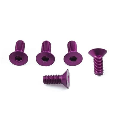 Five purple countersunk alloy bolts, M6 x 1.00mm x 11.0mm, featuring hexagonal heads and smooth threads, designed for durability and aesthetic appeal.