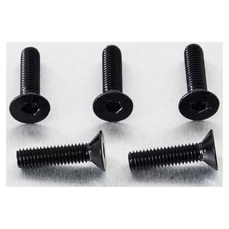 Five black countersunk alloy bolts, M6 x 1.00mm x 20.0mm, featuring hex heads and smooth shafts, arranged on a metallic surface.