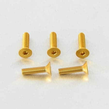 Five gold countersunk alloy bolts, M6 x 1.00mm x 20.0mm, featuring a hexagonal socket head and a smooth finish, ideal for a variety of applications.