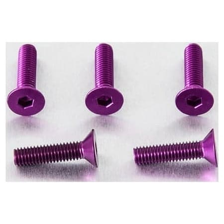 Five purple countersunk alloy bolts, M6 x 1.00mm x 20.0mm, featuring hexagonal heads and a smooth finish, arranged on a metallic surface.