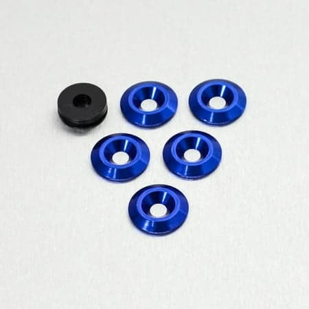 Five blue countersunk alloy washers, M6 x 19mm, with a shiny finish, accompanied by one black washer, all featuring a central hole for fastening.