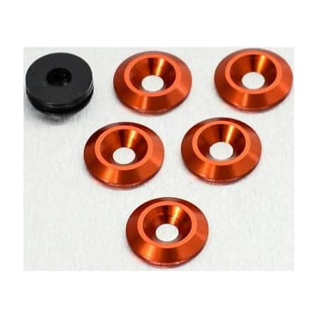 Five orange countersunk alloy washers with a shiny finish, sized M6 X 19mm, accompanied by one black washer, all displayed on a light-colored surface.
