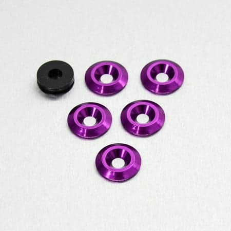 Five purple countersunk alloy washers with a shiny finish, measuring M6 x 19mm, accompanied by one black washer, all displaying a circular design and smooth edges.