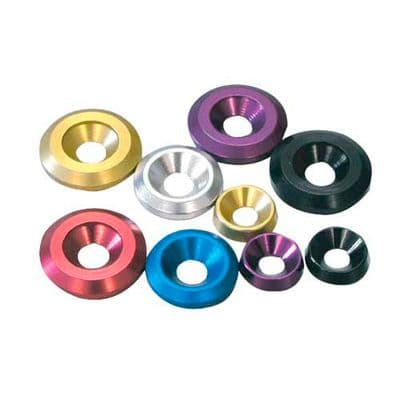 Countersunk alloy washers in various colors including red, blue, gold, purple, and black, showcasing a smooth finish and a central hole, designed for M6 bolts, pack of 5.
