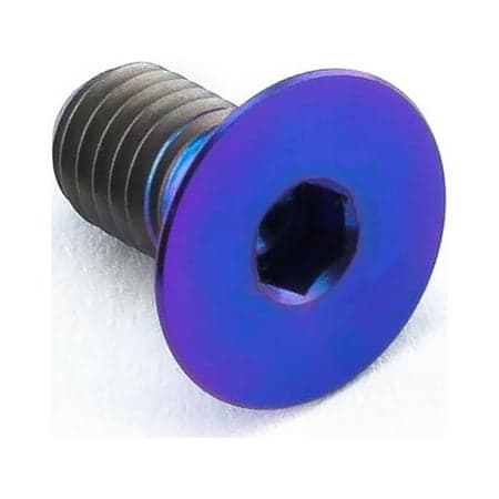 Countersunk titanium bolt in purple, measuring M5 x 0.80mm x 10mm, featuring a hexagonal socket head and a smooth, shiny finish.